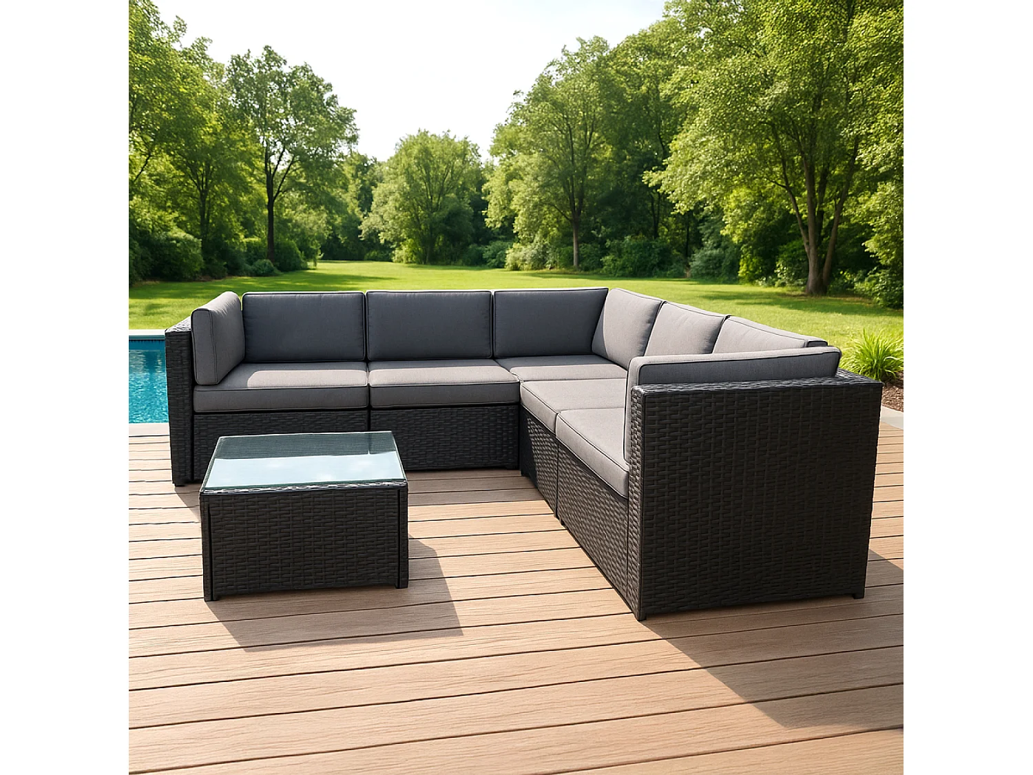 Conjunto de Jardín 5 Plazas de Ratán Sintético Negro y Gris con Mesa Baja de Vidrio Templado