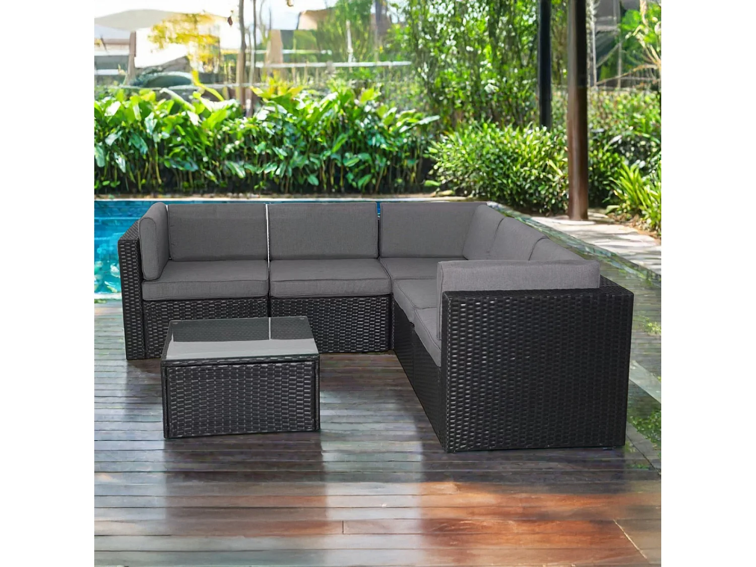 Conjunto de Jardín 5 Plazas de Ratán Sintético Negro y Gris con Mesa Baja de Vidrio Templado