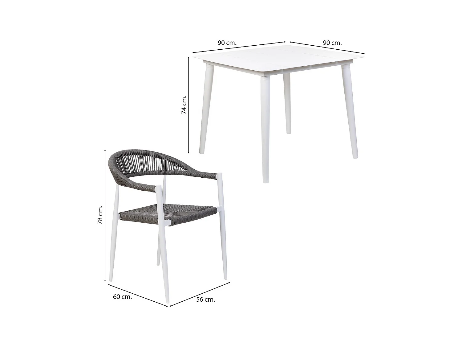Table et 4 chaises multicolore, table : 90x90x74.chaises(4) : 56x60x78