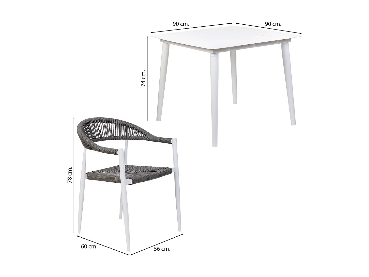 Mesa e 4 cadeiras branca e cinzenta, mesa: 90x90x74, cadeira (4): 56x60x78h cm