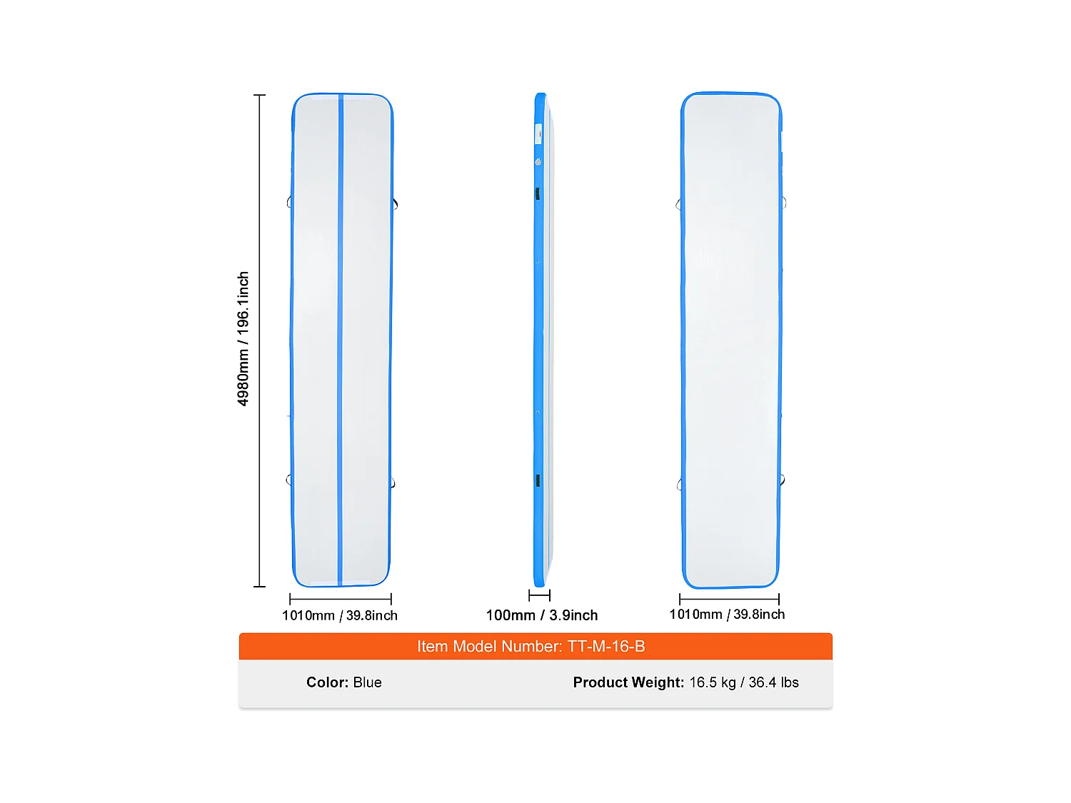 Tapis de Gymnastique SucceBuy 4,9 m, Gonflable 10 cm Épaisseur, Bleu, avec Pompe pour Tumbling