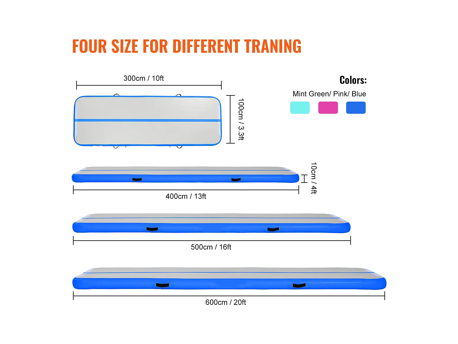 Tapis de Gymnastique SucceBuy 4,9 m, Gonflable 10 cm Épaisseur, Bleu, avec Pompe pour Tumbling