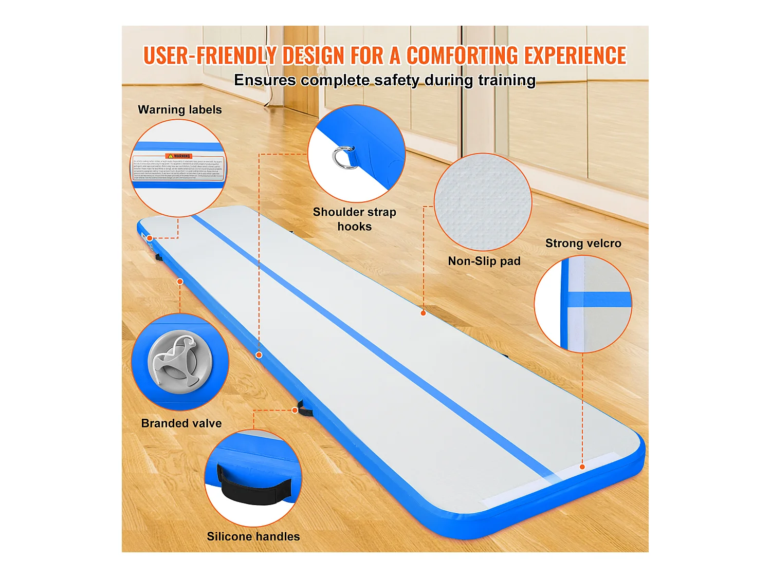 Tapis de Gymnastique SucceBuy 4,9 m, Gonflable 10 cm Épaisseur, Bleu, avec Pompe pour Tumbling