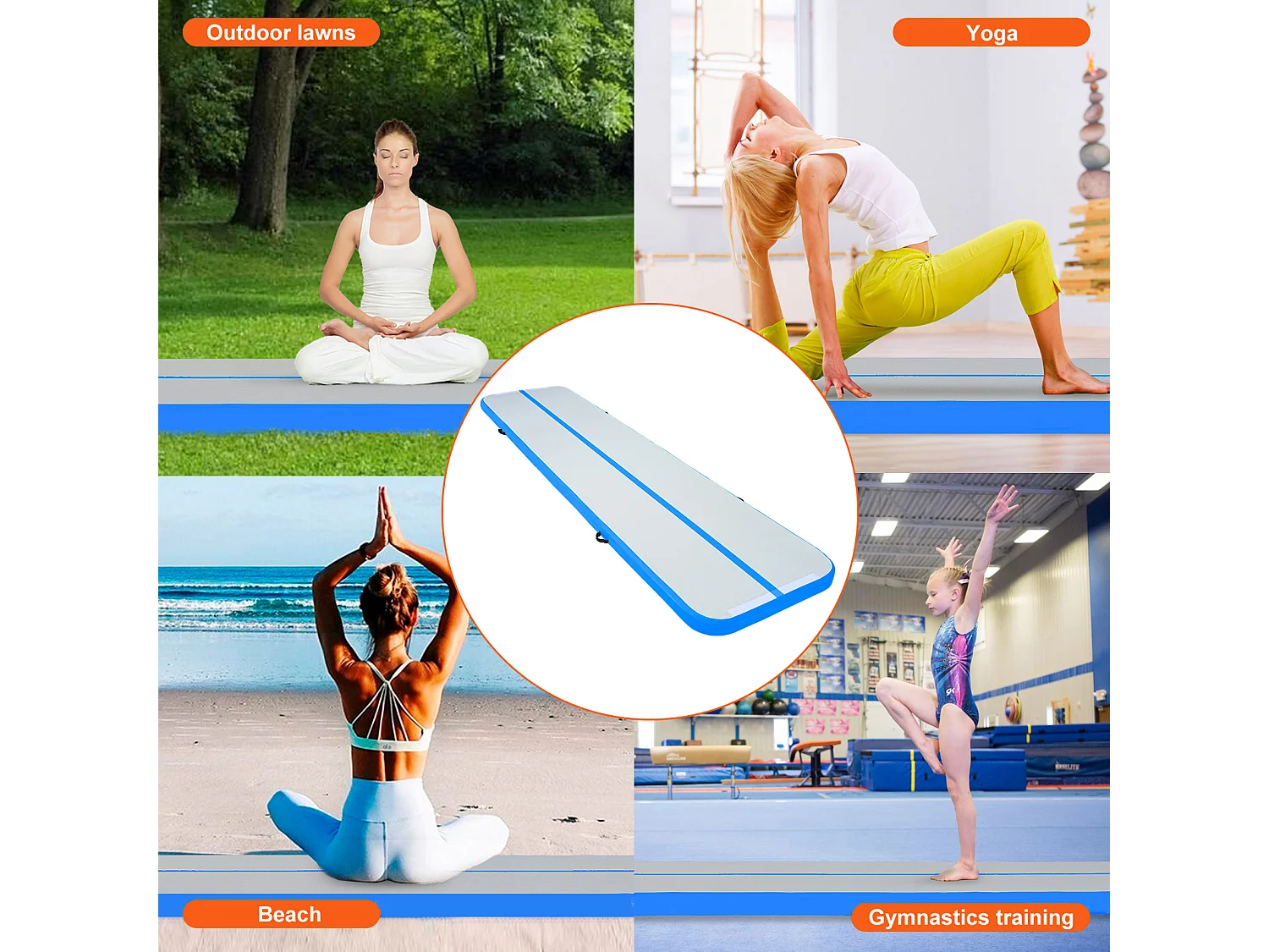 Tapis de Gymnastique SucceBuy 4m, Gonflable 10 cm Épaisseur, Bleu, avec Pompe Électrique