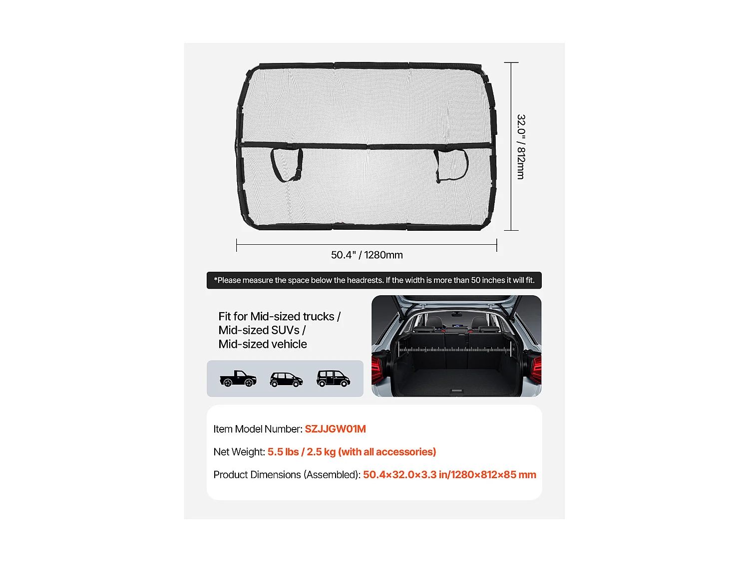 Sécurité Barre Réglable pour Chien SucceBuy Barrière de Sécurité pour Chien - Sièges Avant de 127 cm de Large, Installation d'une Cloison de Séparation pour SUV