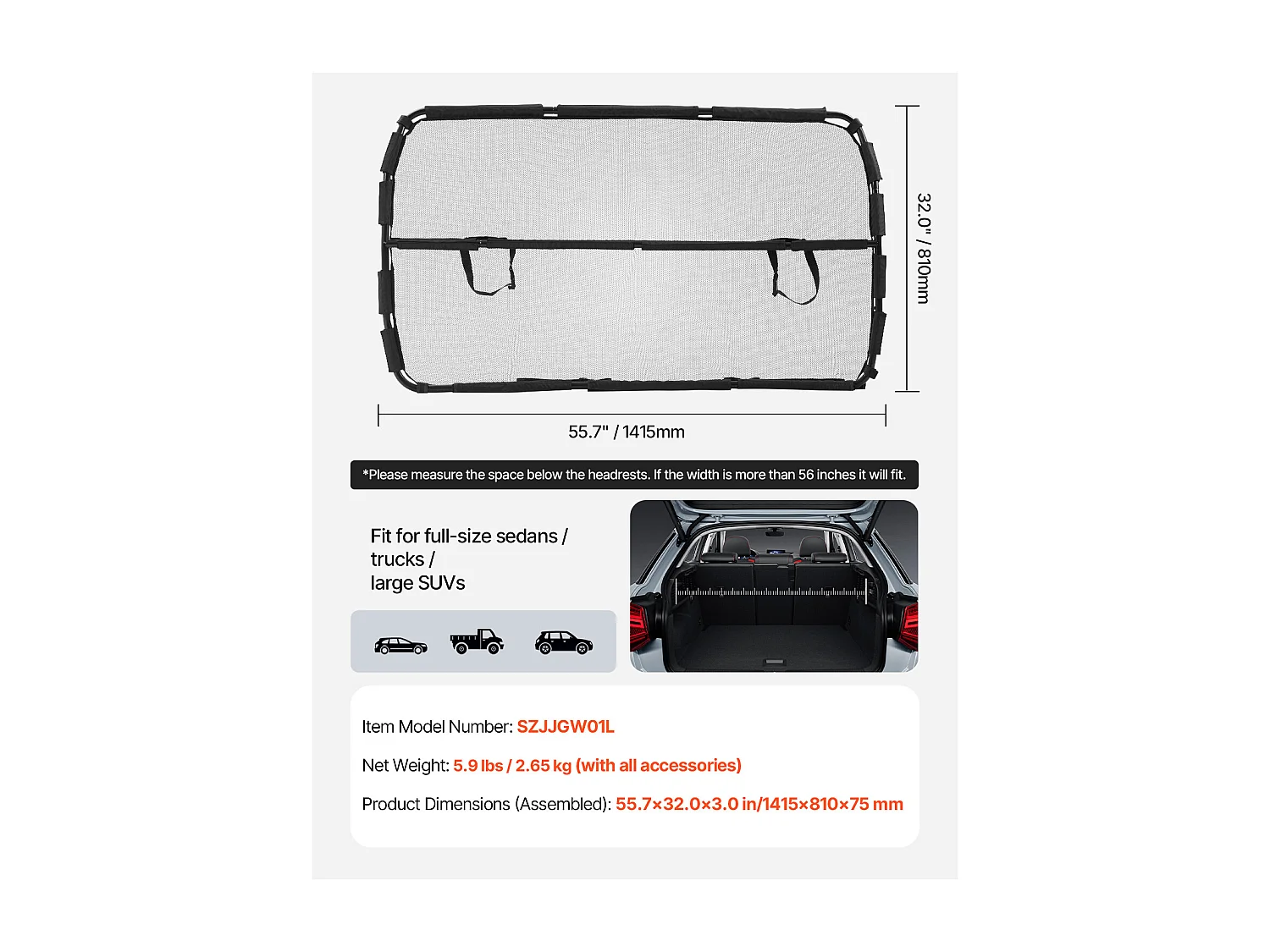 Barra de Seguridad Ajustable para Perros SucceBuy Puerta de Seguridad para Perros de 142.2 cm de Ancho - Instalación en Asientos Delanteros - Divisor para SUV