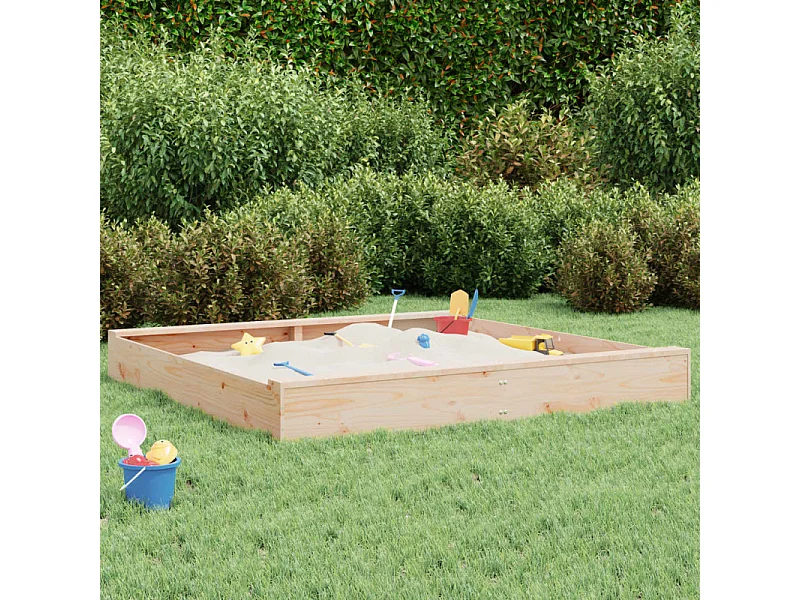 Sandkasten aus massivem Kiefernholz mit quadratischen Sitzen für Kinder