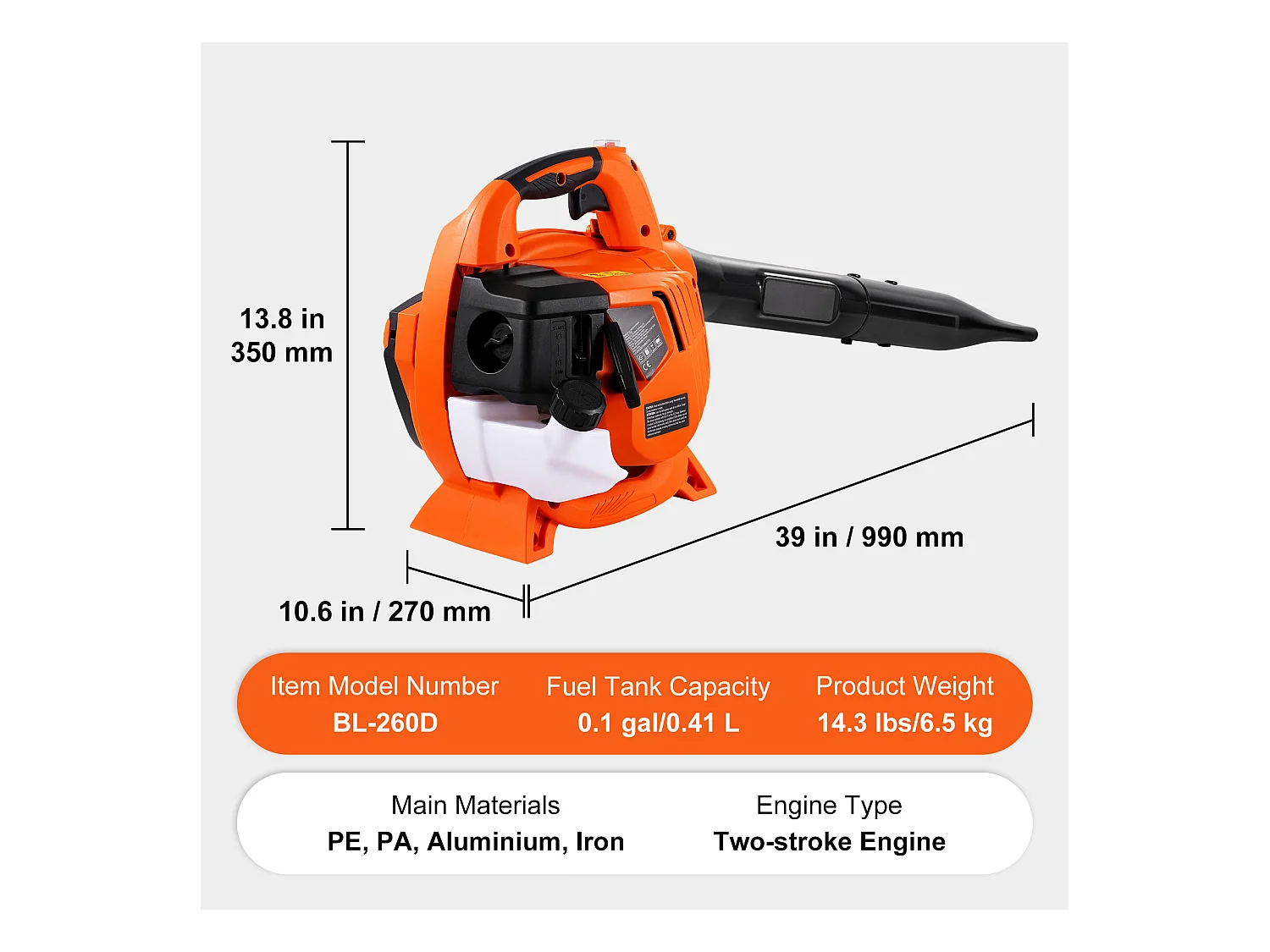 Souffleur de Feuilles SucceBuy 26CC, 425 CFM, Vitesse de 156 MPH, Entretien de la Pelouse, Portatif, Réservoir de Carburant