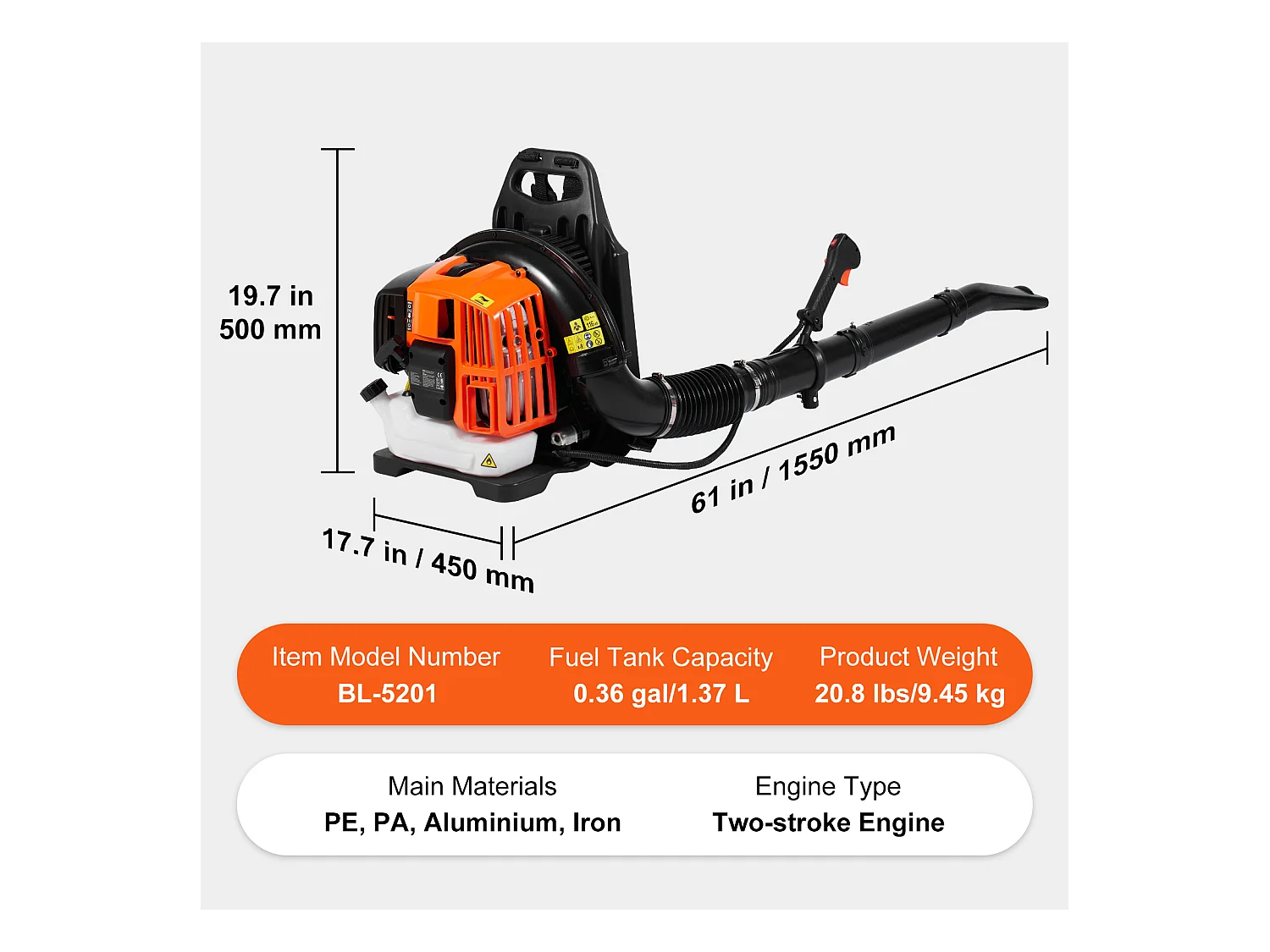 Souffleur de Feuilles SucceBuy 52CC, 480 CFM, Volume d'Air de 175 MPH, Réservoir de 1,37 L, Entretien de la Pelouse et Déneigement