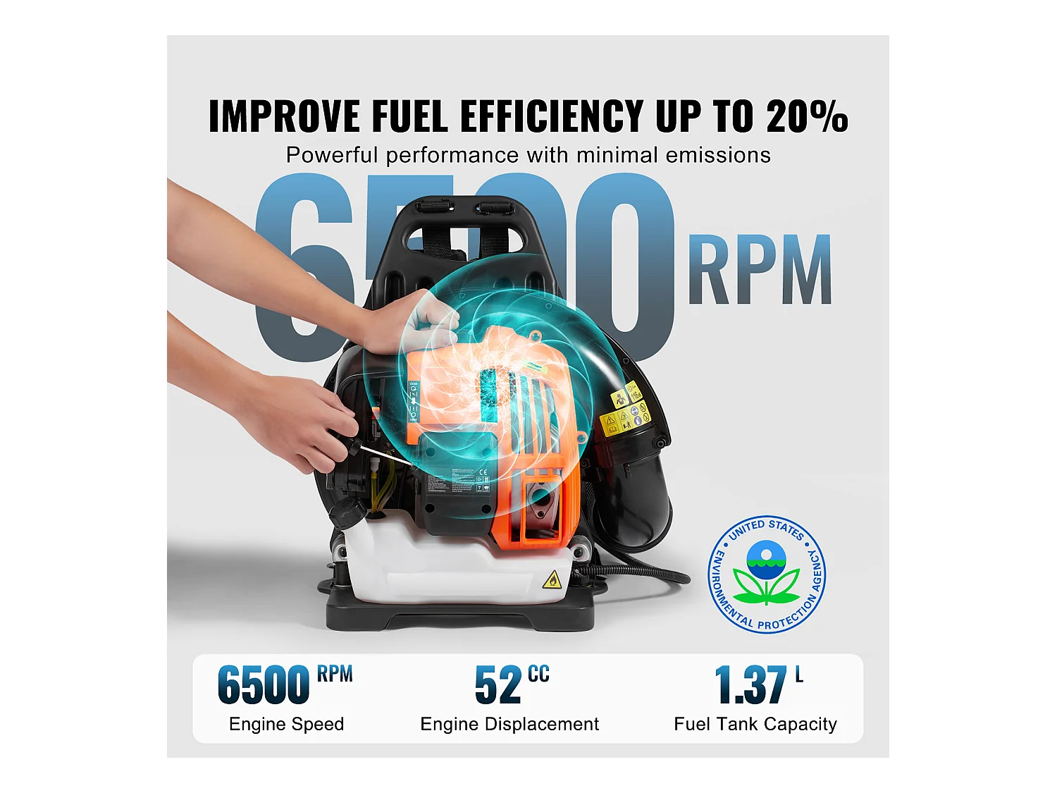 Souffleur de Feuilles SucceBuy 52CC, 480 CFM, Volume d'Air de 175 MPH, Réservoir de 1,37 L, Entretien de la Pelouse et Déneigement