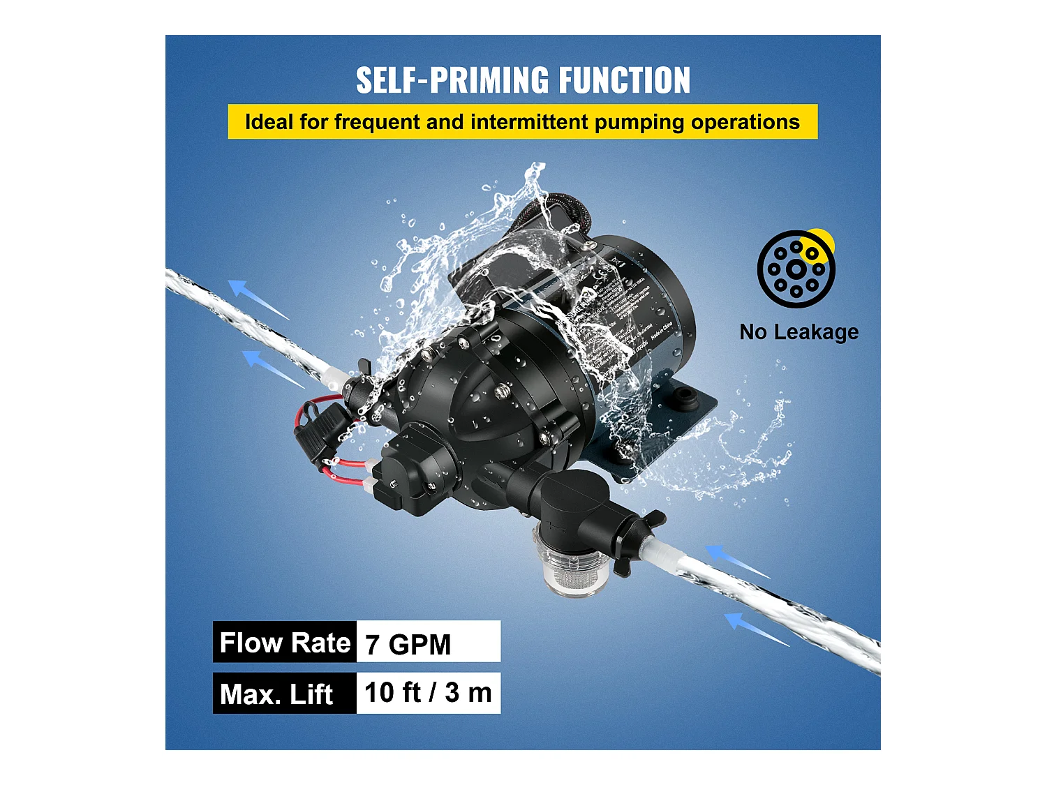 Pompe à Eau SucceBuy, 12 V CC, 7 GPM, 60 PSI, Pompe à Eau Auto-Amorçante à Levage Max. 304.8cm avec Valve EPDM