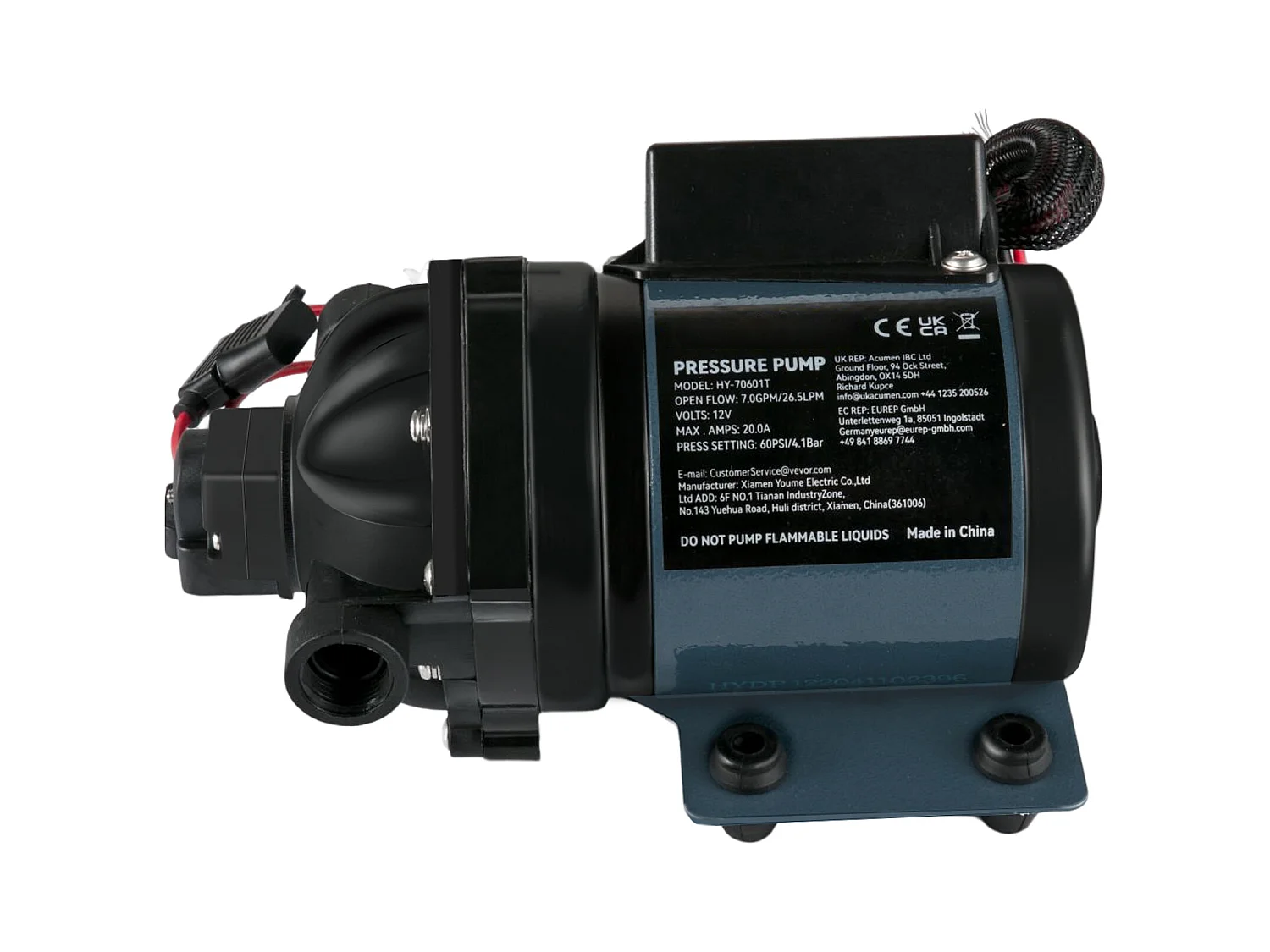 Pompe à Eau SucceBuy, 12 V CC, 7 GPM, 60 PSI, Pompe à Eau Auto-Amorçante à Levage Max. 304.8cm avec Valve EPDM