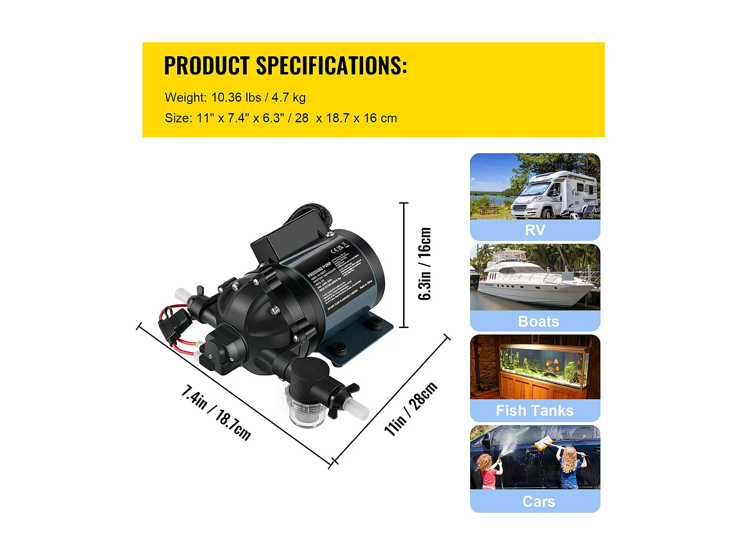 Pompe à Eau SucceBuy, 12 V CC, 7 GPM, 60 PSI, Pompe à Eau Auto-Amorçante à Levage Max. 304.8cm avec Valve EPDM