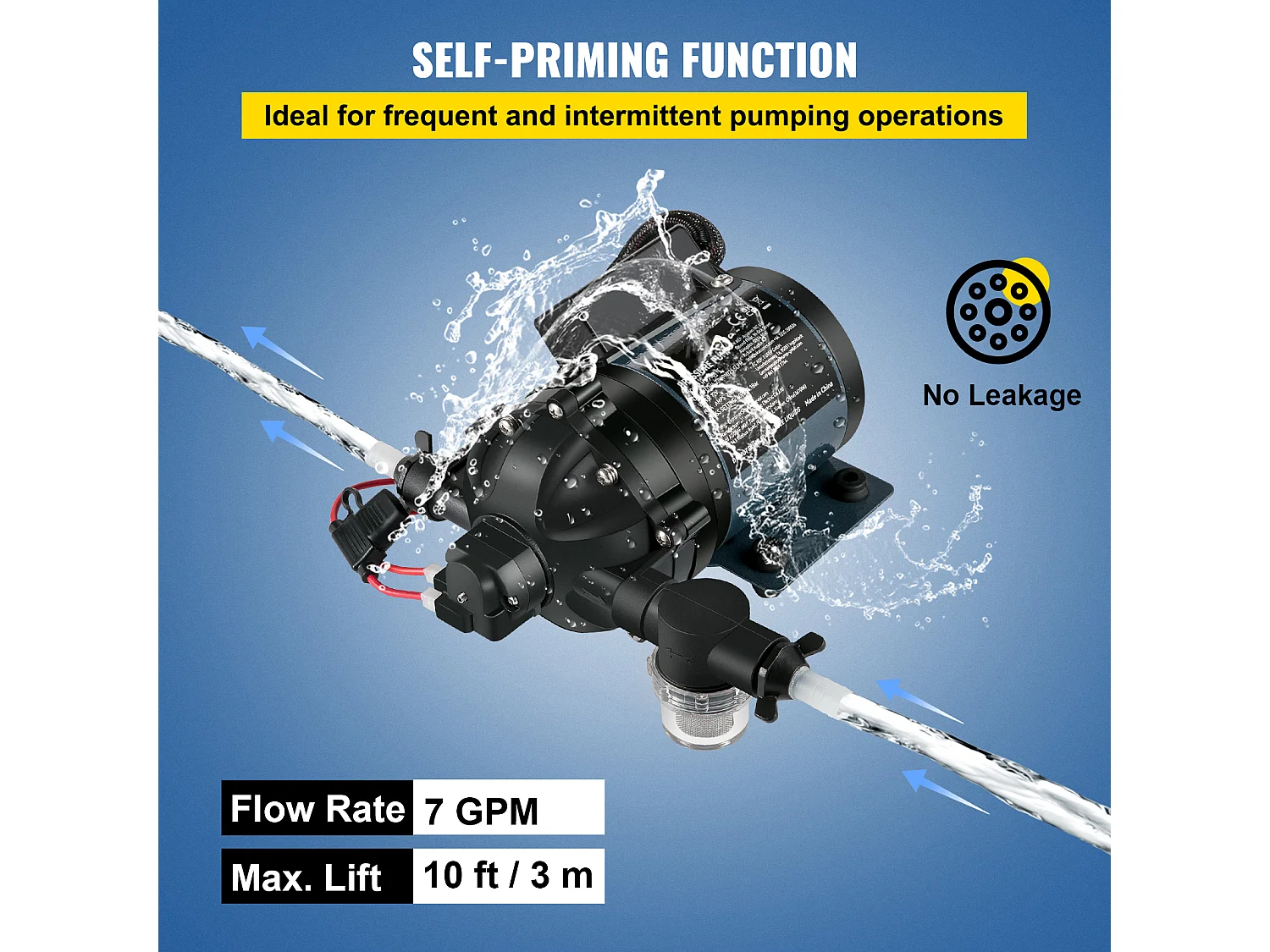 Pompe à Eau SucceBuy, 12 V CC, 7 GPM, 60 PSI, Pompe à Eau Auto-Amorçante à Levage Max. 304.8cm avec Valve EPDM