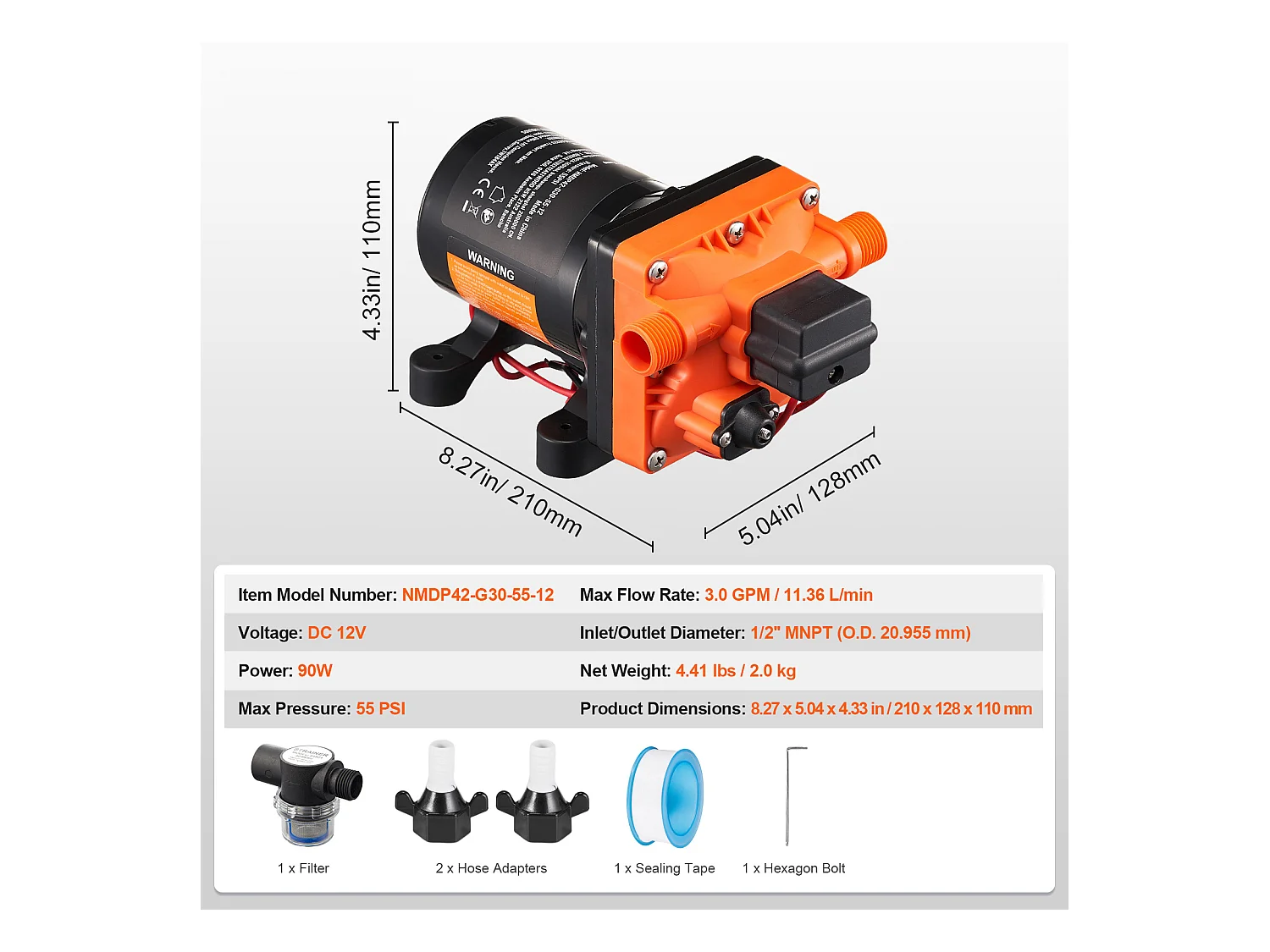 Pompe à Eau à Membrane SucceBuy 12 V, 3 GPM (11,36 L/min), Pompe CC à 4 Chambres, Pressostat Réglable 40-100 PSI, 55 PSI, port MNPT 1.27cm