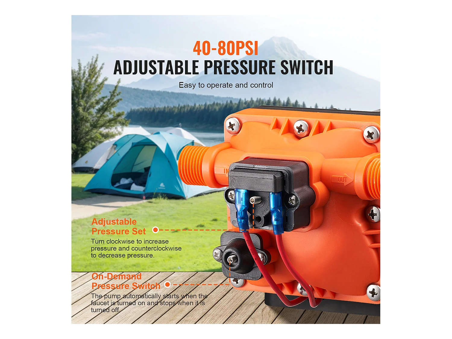 Pompe à Eau à Membrane SucceBuy 12 V, 3 GPM (11,36 L/min), Pompe CC à 4 Chambres, Pressostat Réglable 40-100 PSI, 55 PSI, port MNPT 1.27cm