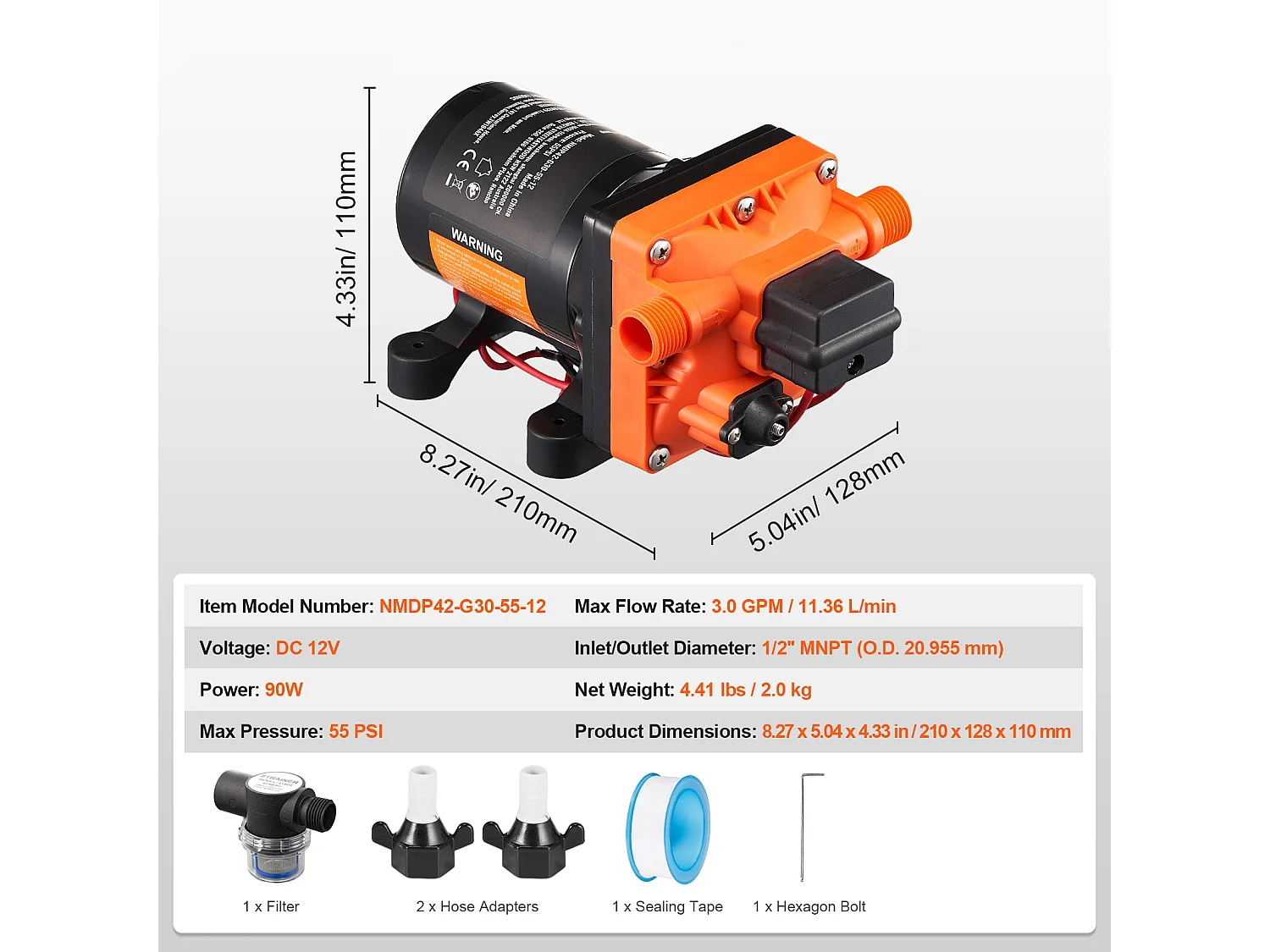 Pompe à Eau à Membrane SucceBuy 12 V, 3 GPM (11,36 L/min), Pompe CC à 4 Chambres, Pressostat Réglable 40-100 PSI, 55 PSI, port MNPT 1.27cm