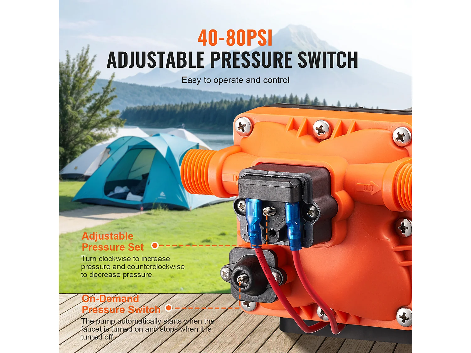 Pompe à Eau à Membrane SucceBuy 12 V, 3 GPM (11,36 L/min), Pompe CC à 4 Chambres, Pressostat Réglable 40-100 PSI, 55 PSI, port MNPT 1.27cm