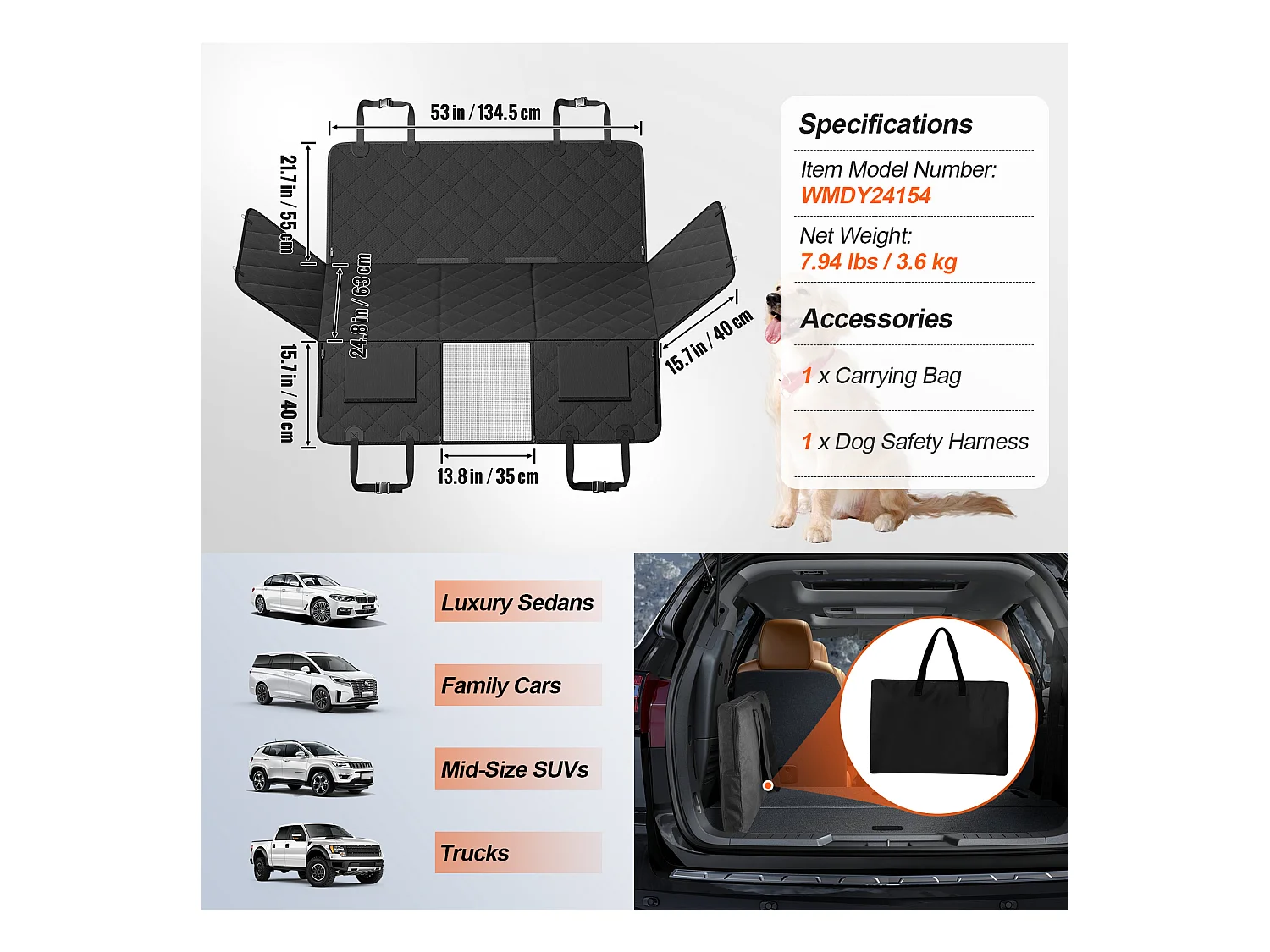 Housse de Siège pour Animaux SucceBuy 135 x 63 cm, supporte 159 kg, Housse de Siège Arrière pour Chien