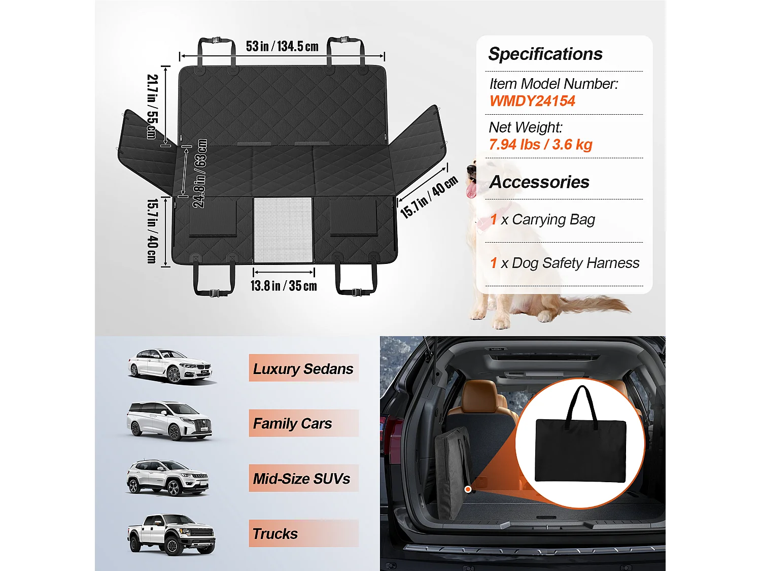 Housse de Siège pour Animaux SucceBuy 135 x 63 cm, supporte 159 kg, Housse de Siège Arrière pour Chien