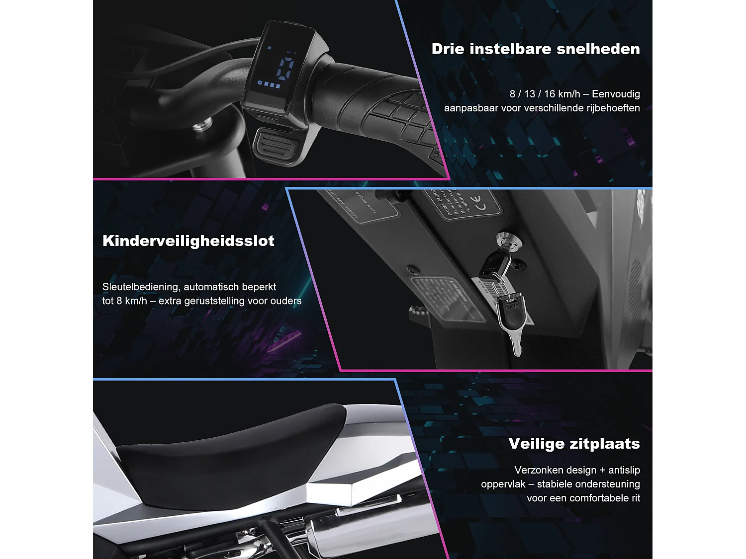 Motor eléctrico para niños, 16 km/h, 250 W, 12,5", 3 velocidades, LED