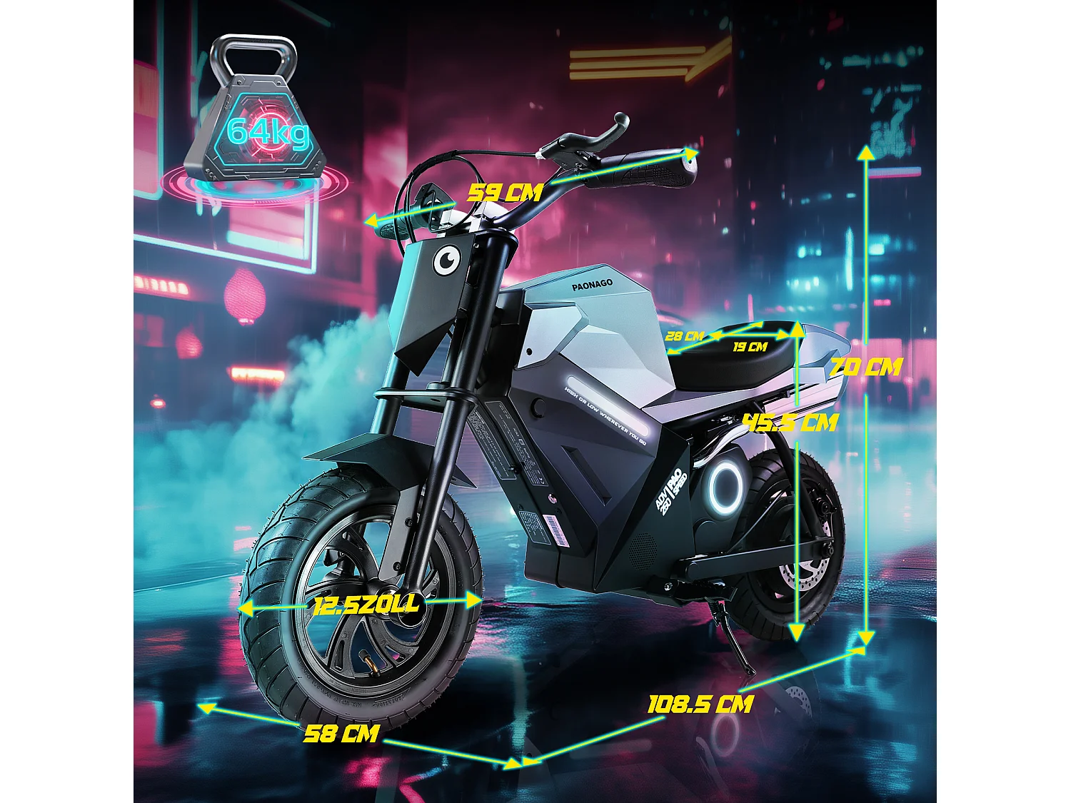 Elektrische kindermotor, 16 km/u, 250 W, 12,5", 3 versnellingen, LED