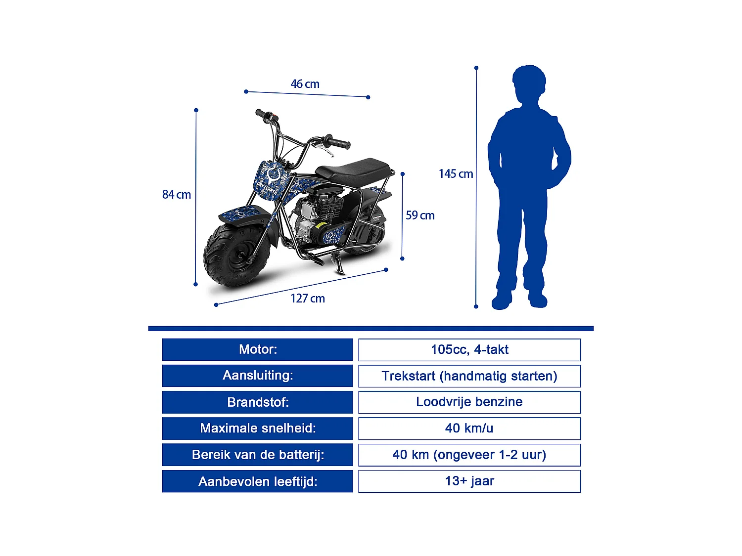 105CC 4-takt mini dirt bike voor 13+, automatische transmissie, trekstarter, 4 stickers, off-road pitbike (blauw)