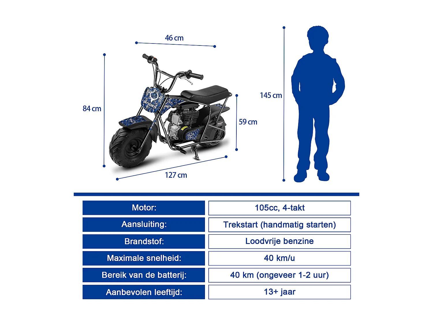105CC 4-takt mini dirt bike voor 13+, automatische transmissie, trekstarter, 4 stickers, off-road pitbike (blauw)