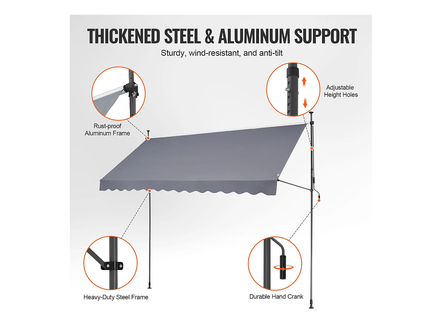 Retraktables Markise SucceBuy, 350 x 119 cm, Terrassenmarkise, Sonnenschutz mit Handhebel, Dunkelgrau