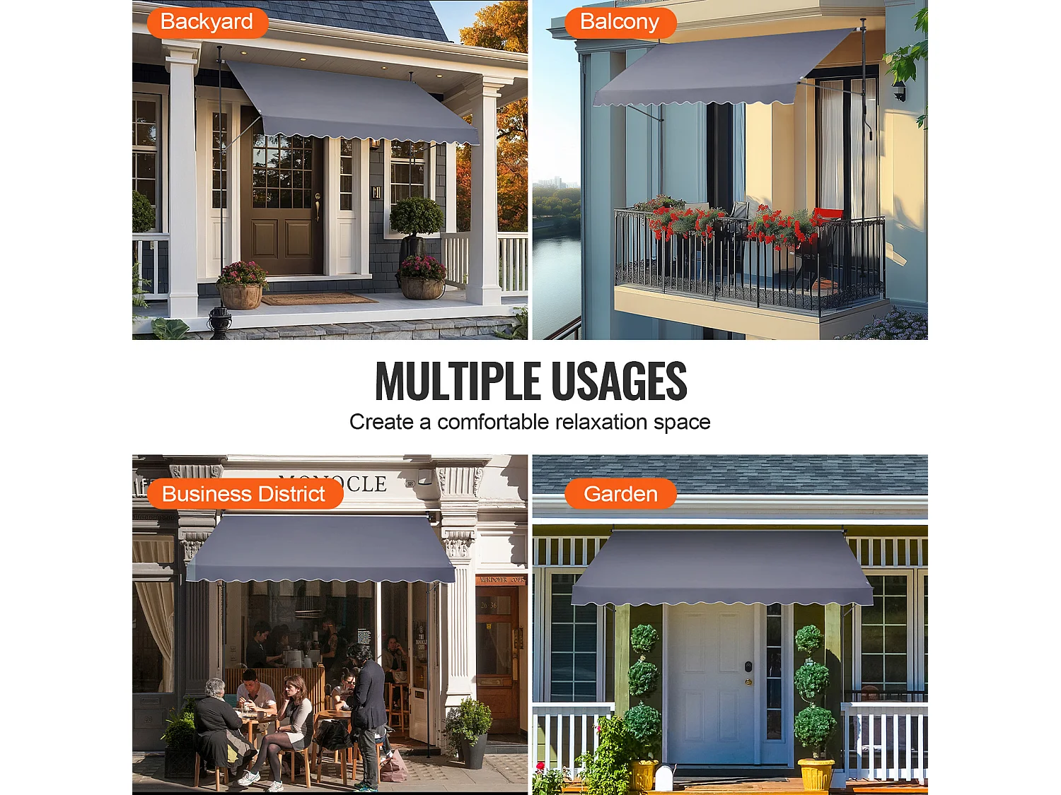 Retraktables Markise SucceBuy, 350 x 119 cm, Terrassenmarkise, Sonnenschutz mit Handhebel, Dunkelgrau