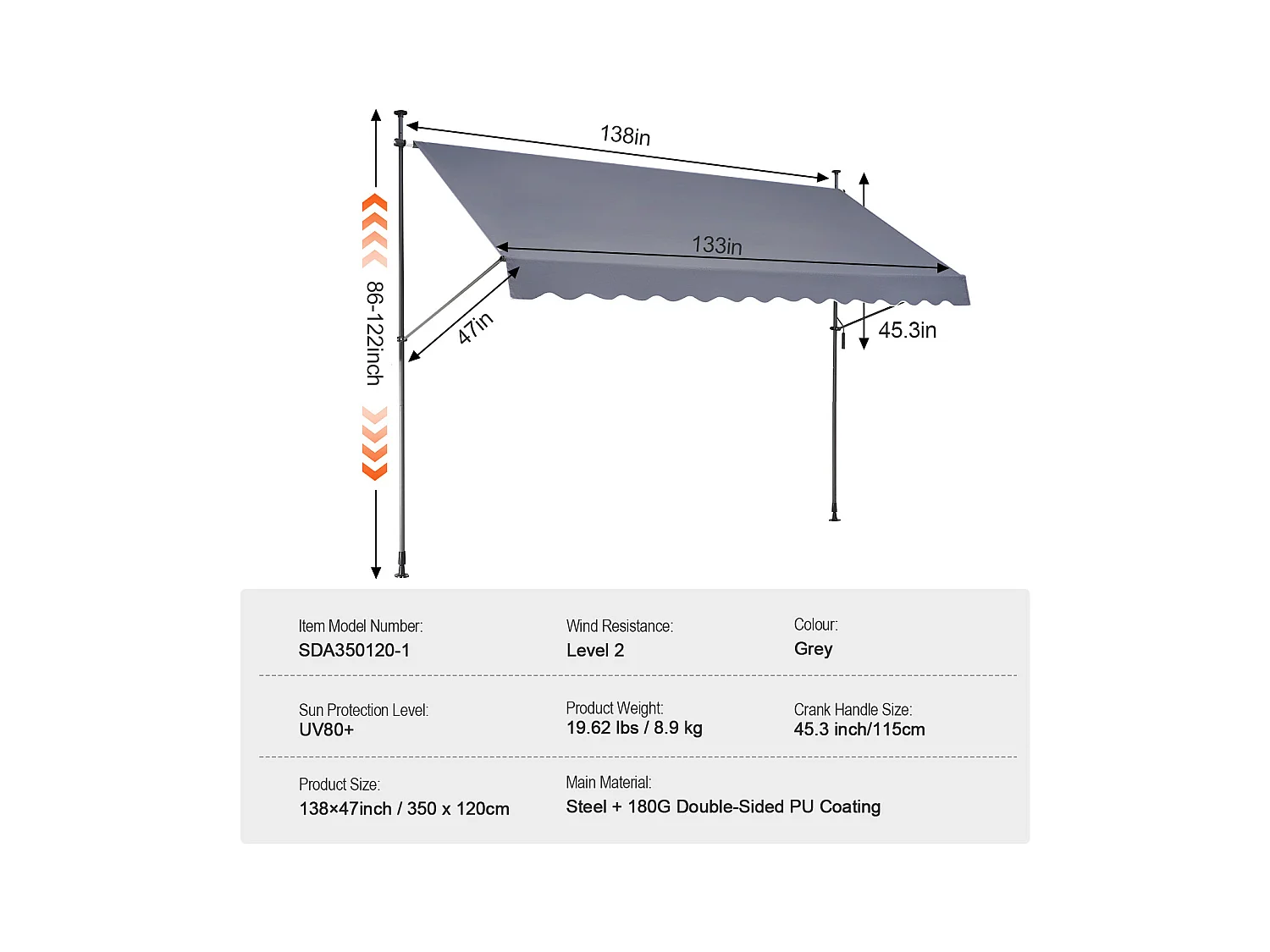 Retraktables Markise SucceBuy, 350 x 119 cm, Terrassenmarkise, Sonnenschutz mit Handhebel, Dunkelgrau