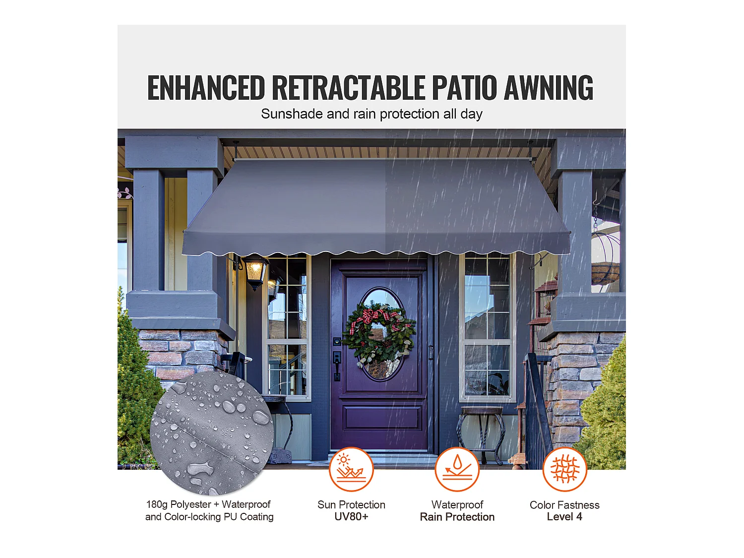 Retraktables Markise SucceBuy, 350 x 119 cm, Terrassenmarkise, Sonnenschutz mit Handhebel, Dunkelgrau