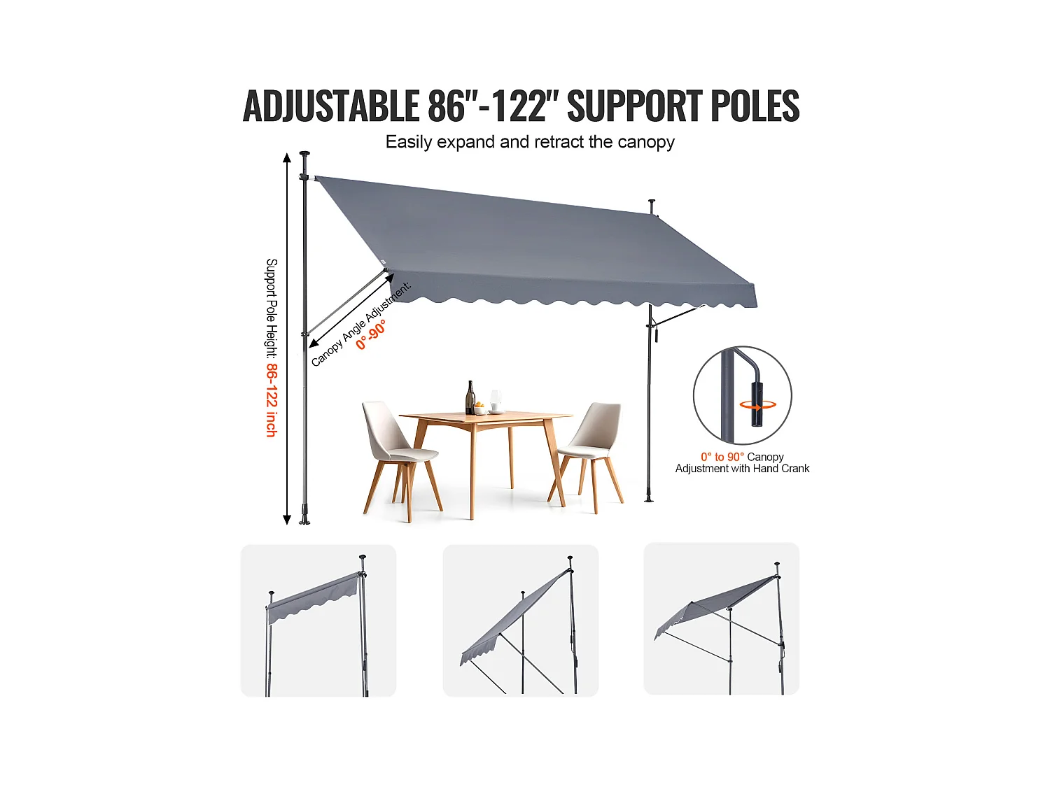 Retraktables Markise SucceBuy, 350 x 119 cm, Terrassenmarkise, Sonnenschutz mit Handhebel, Dunkelgrau
