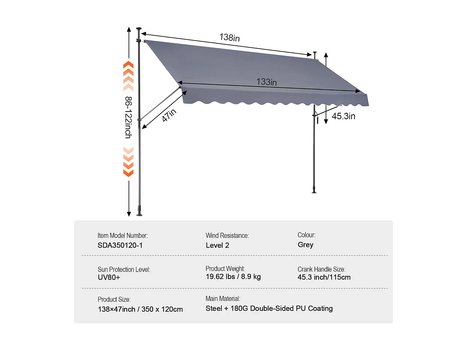 Auvent Rétractable SucceBuy, 350 x119 cm, Auvent de Terrasse, Abri pare-Soleil avec Manivelle, Gris foncé