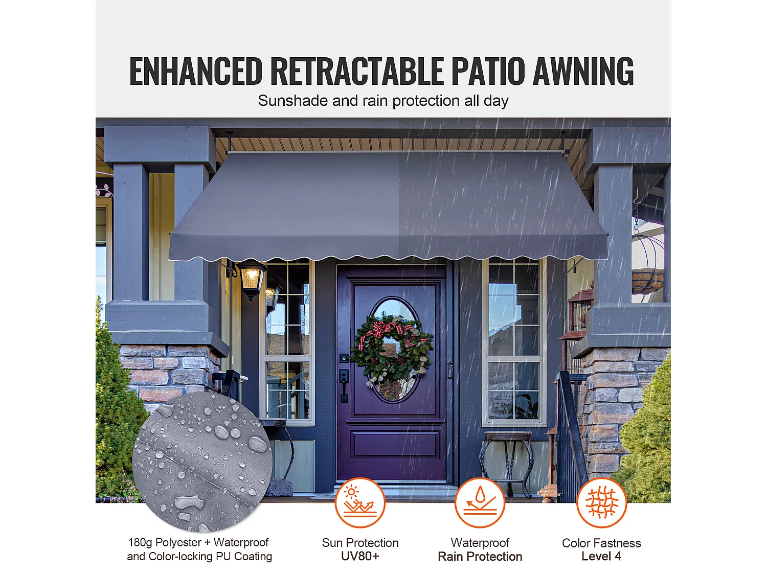 Auvent Rétractable SucceBuy, 350 x119 cm, Auvent de Terrasse, Abri pare-Soleil avec Manivelle, Gris foncé