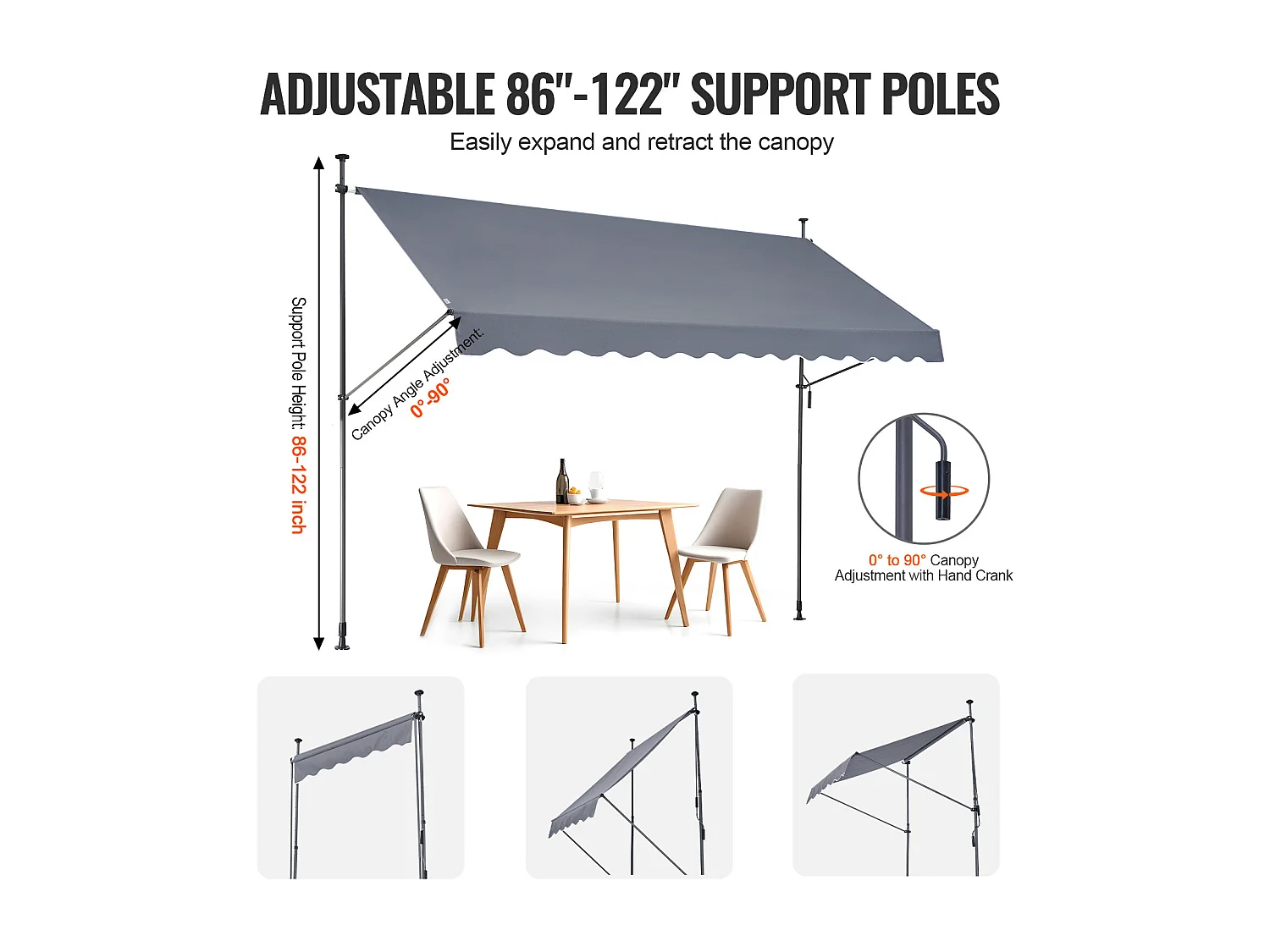 Auvent Rétractable SucceBuy, 350 x119 cm, Auvent de Terrasse, Abri pare-Soleil avec Manivelle, Gris foncé