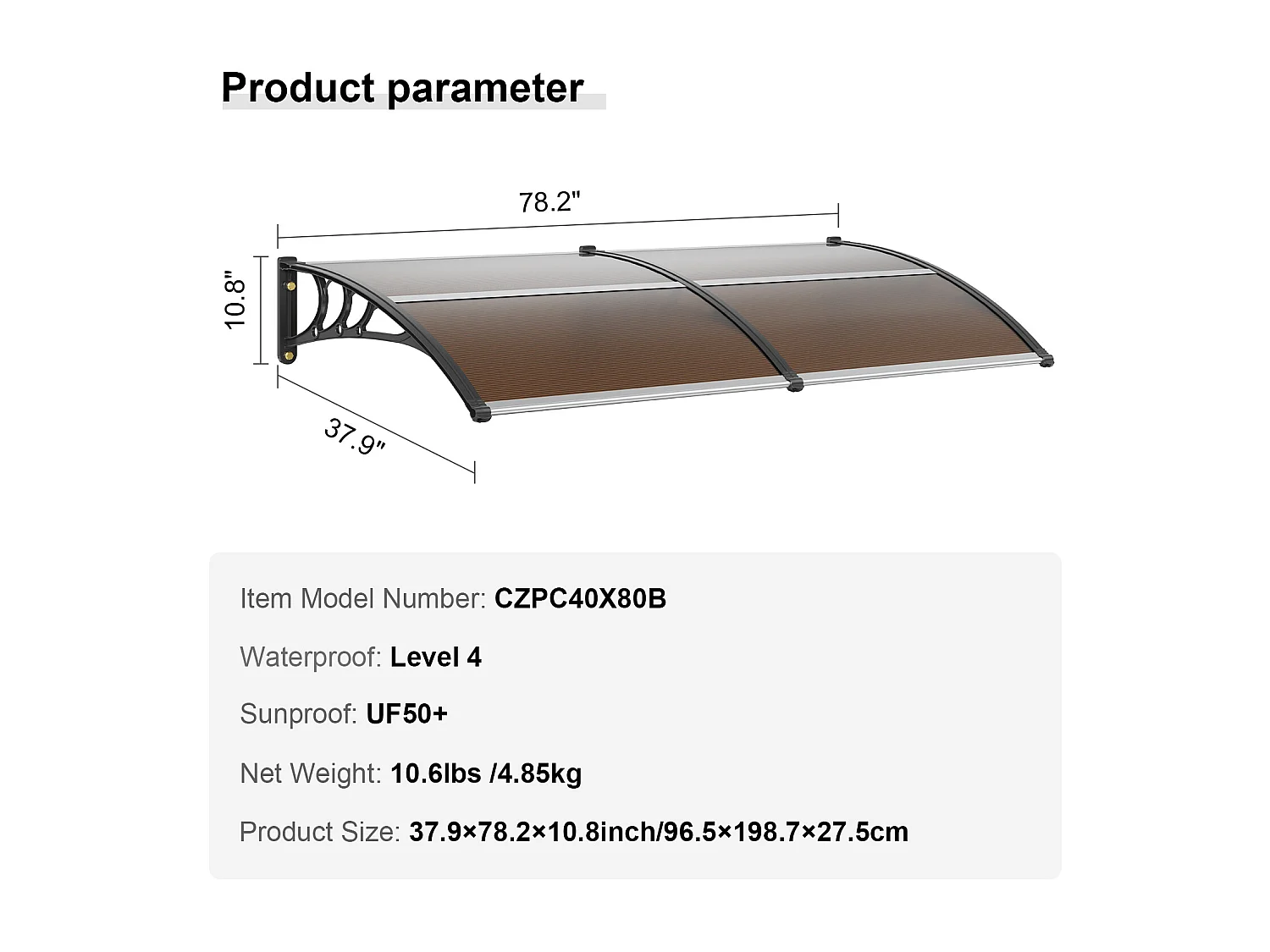 Auvent de Porte d'Entrée SucceBuy Auvent de Porte et Fenêtre en Polycarbonate 203.2 x 101.6cm, Auvent de Protection UV Contre la Pluie