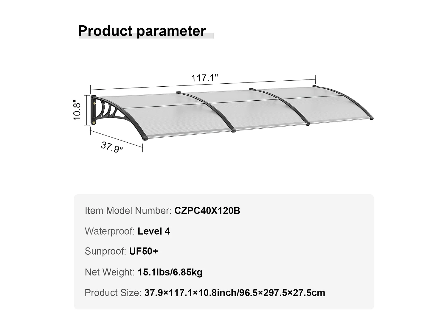 Pensilina Per Porta D'ingresso SucceBuy Pensilina Per Porta E Finestra, Protezione Contro Pioggia E UV, Lastra PC Trasparente 96,5 x 294,5 cm