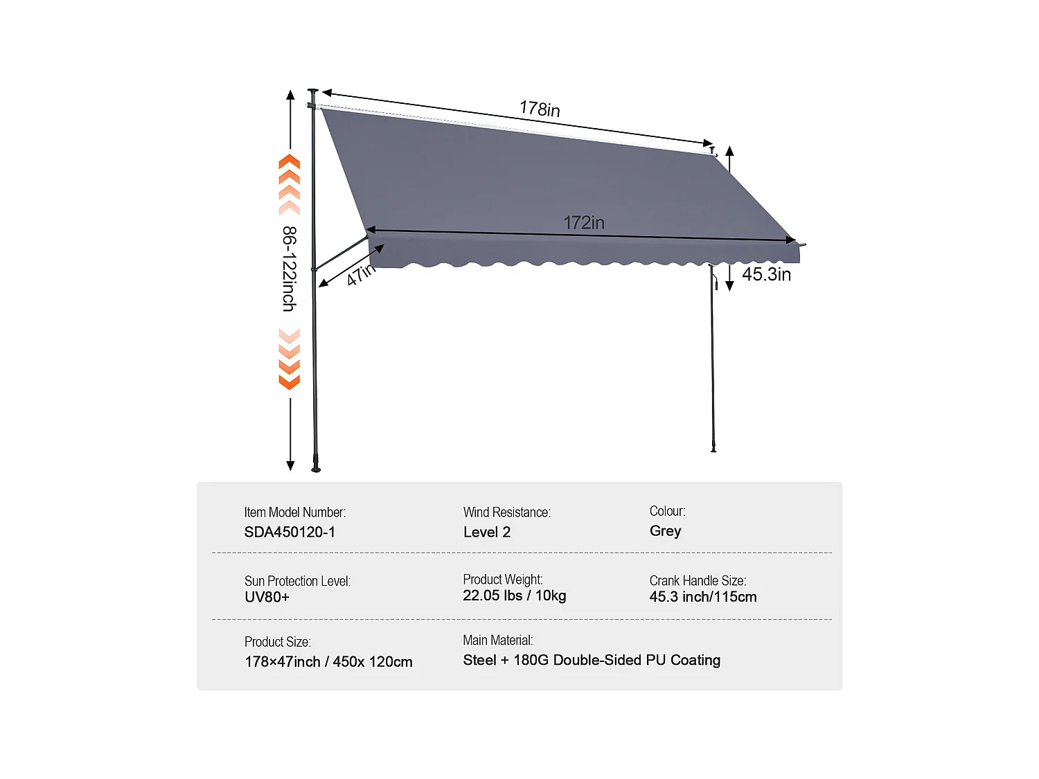 Retraktables Markise SucceBuy, 452 x 119 cm, Terrassenmarkise, Sonnenschutz mit Handhebel, Dunkelgrau