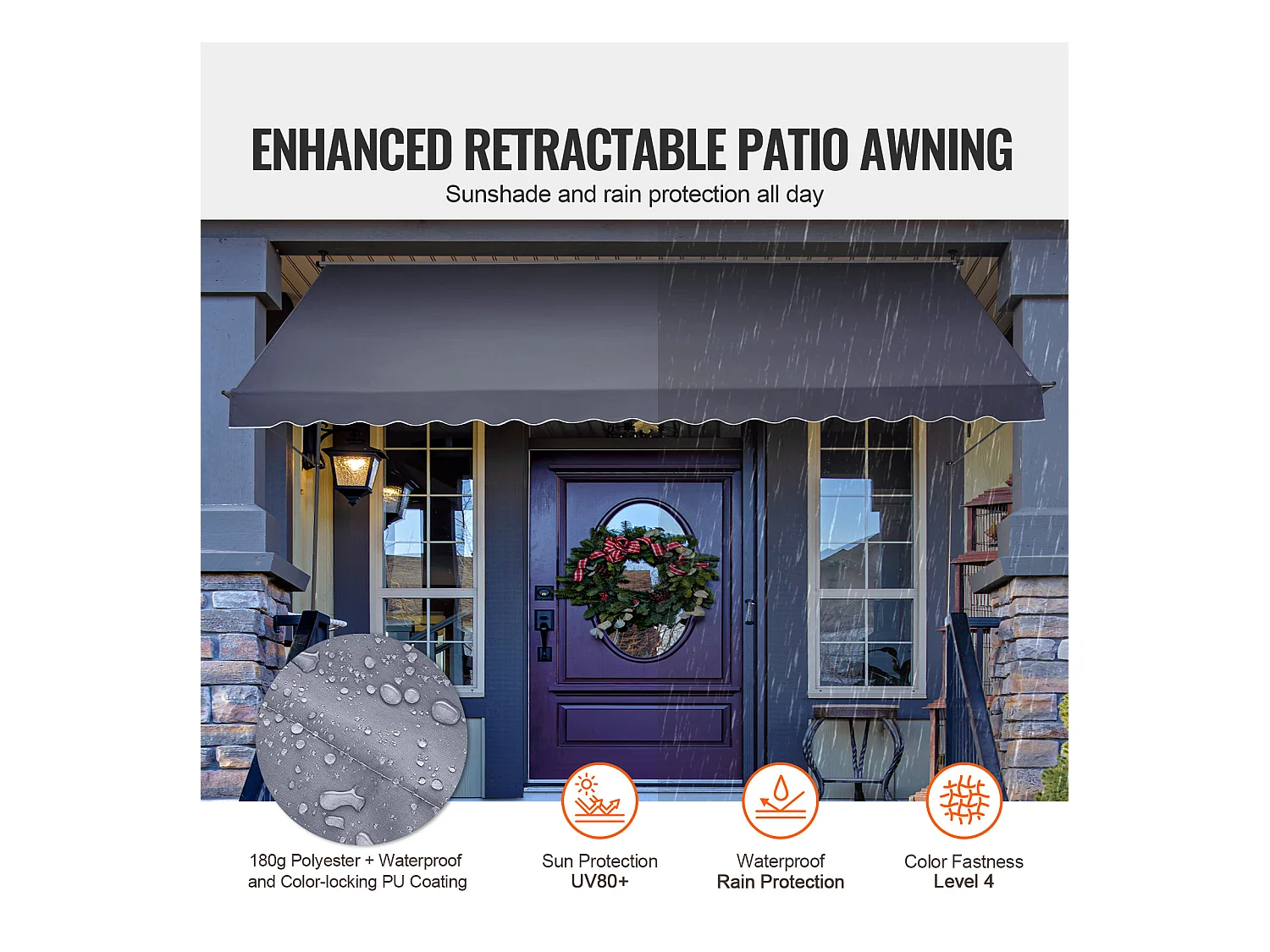 Retraktables Markise SucceBuy, 452 x 119 cm, Terrassenmarkise, Sonnenschutz mit Handhebel, Dunkelgrau