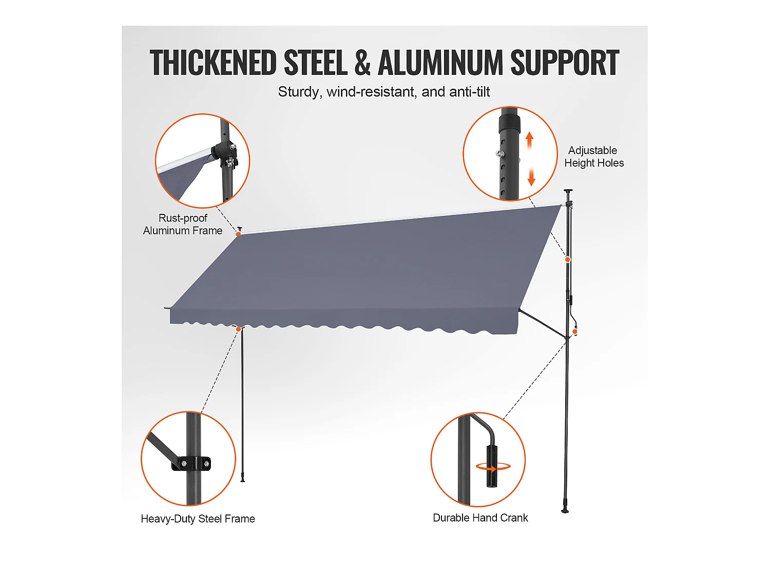 Retraktables Markise SucceBuy, 452 x 119 cm, Terrassenmarkise, Sonnenschutz mit Handhebel, Dunkelgrau