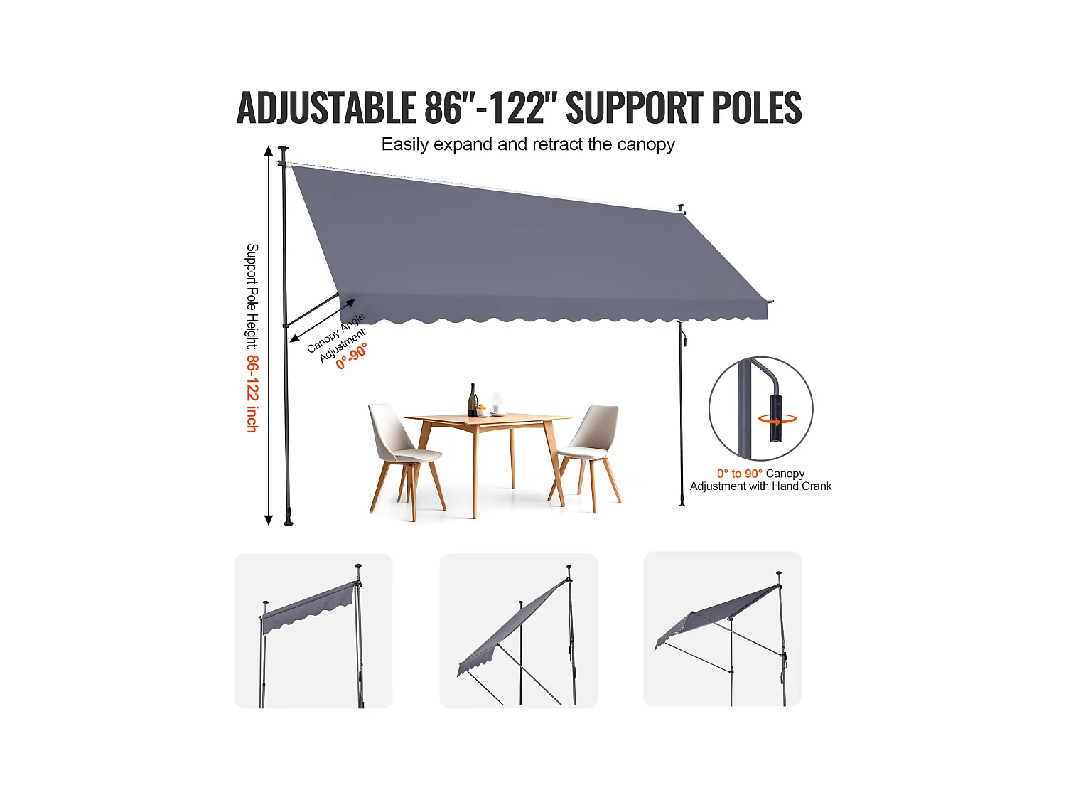 Retraktables Markise SucceBuy, 452 x 119 cm, Terrassenmarkise, Sonnenschutz mit Handhebel, Dunkelgrau