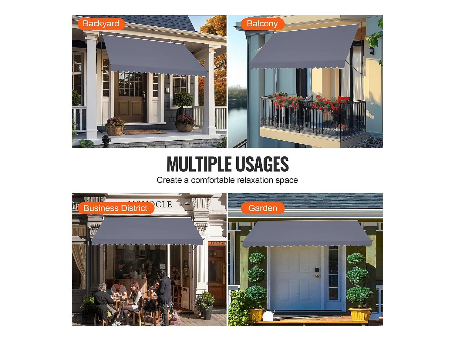 Retraktables Markise SucceBuy, 452 x 119 cm, Terrassenmarkise, Sonnenschutz mit Handhebel, Dunkelgrau