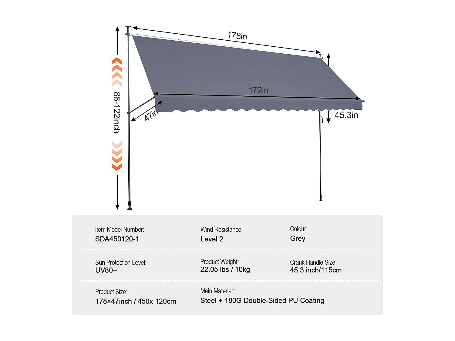 Auvent Rétractable SucceBuy, 452x119 cm, Auvent de Terrasse, Abri pare-Soleil avec Manivelle, Gris foncé