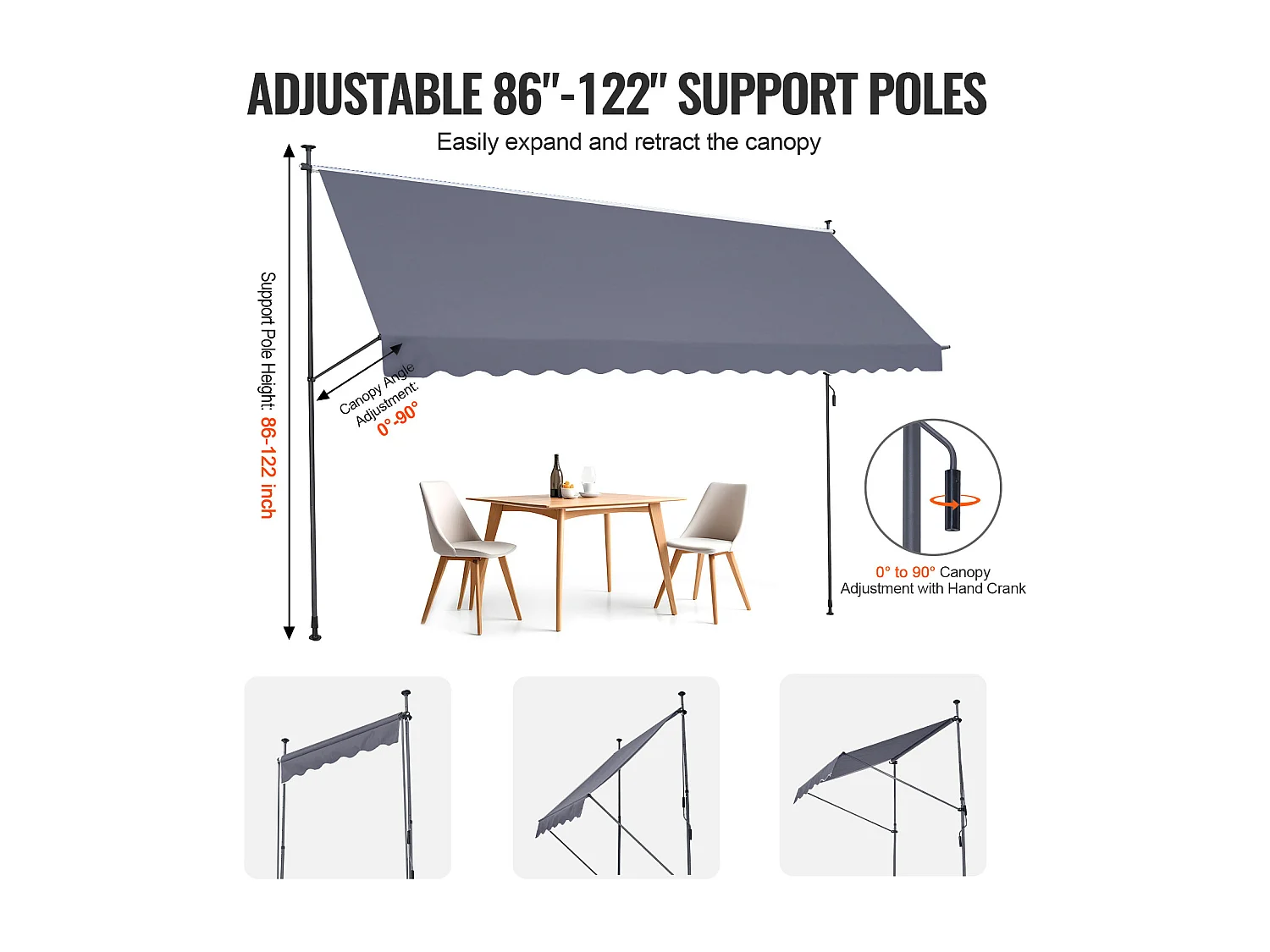 Auvent Rétractable SucceBuy, 452x119 cm, Auvent de Terrasse, Abri pare-Soleil avec Manivelle, Gris foncé