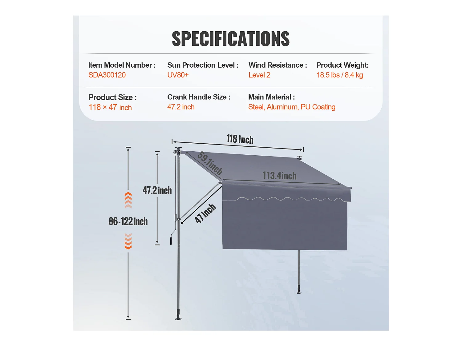 Auvent Rétractable SucceBuy, 299 x 119 cm , Auvent de Terrasse, Abri pare-Soleil, Hauteur 218 - 310 cm