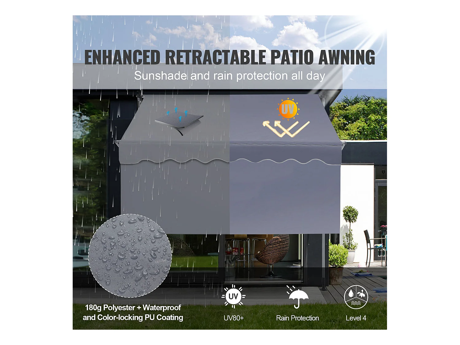 Auvent Rétractable SucceBuy, 299 x 119 cm , Auvent de Terrasse, Abri pare-Soleil, Hauteur 218 - 310 cm