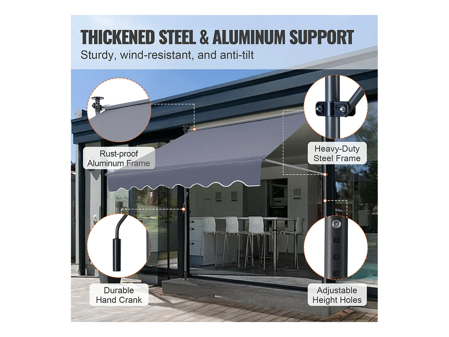 Auvent Rétractable SucceBuy, 299 x 119 cm , Auvent de Terrasse, Abri pare-Soleil, Hauteur 218 - 310 cm