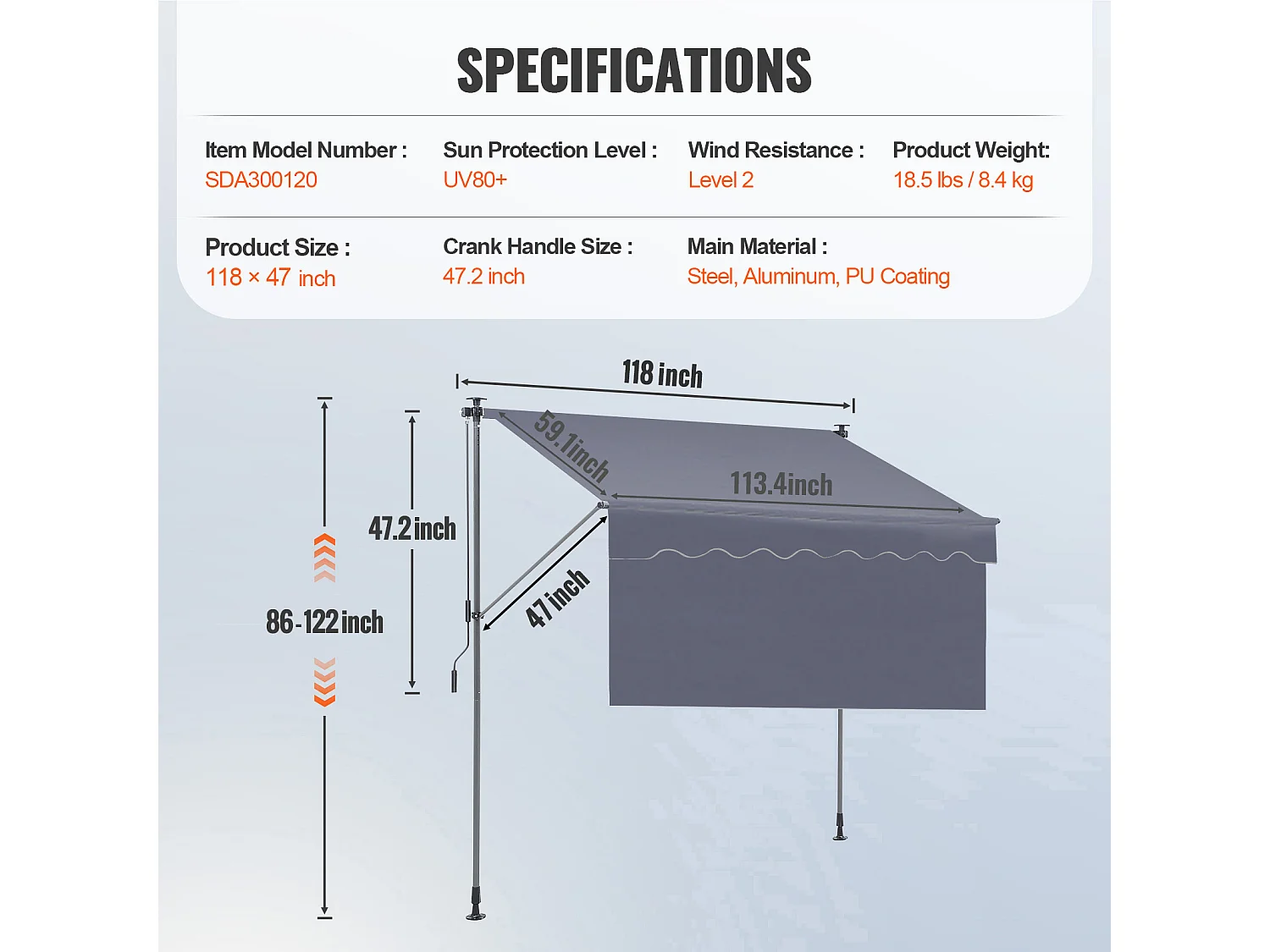 Auvent Rétractable SucceBuy, 299 x 119 cm , Auvent de Terrasse, Abri pare-Soleil, Hauteur 218 - 310 cm