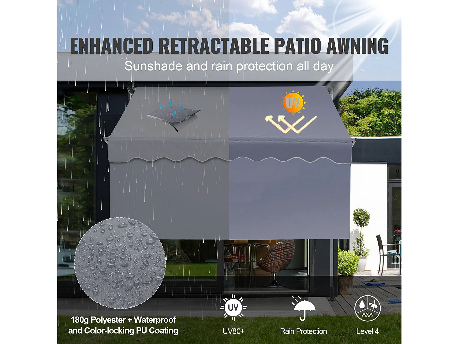 Auvent Rétractable SucceBuy, 299 x 119 cm , Auvent de Terrasse, Abri pare-Soleil, Hauteur 218 - 310 cm